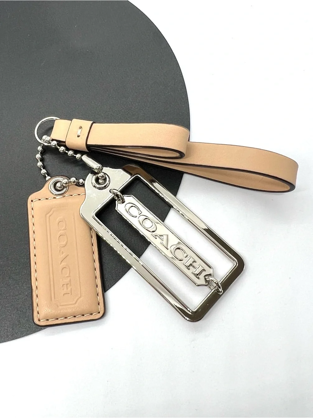 COACH Beige Leather Silver Logo 3 Piece Bag Charm Keychain Hang Tag Set